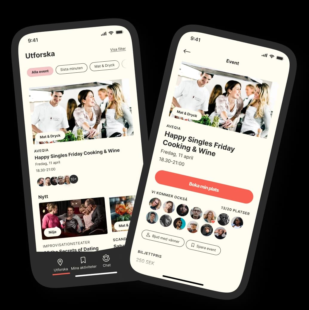 Two smartphone screens showing the MingMe app interface with a clean, inviting design featuring profile photos and conversation prompts that encourage genuine connections.